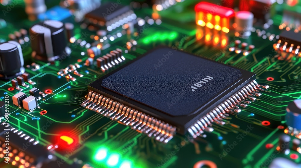 Poster close-up view of circuit board with microchip and colorful light