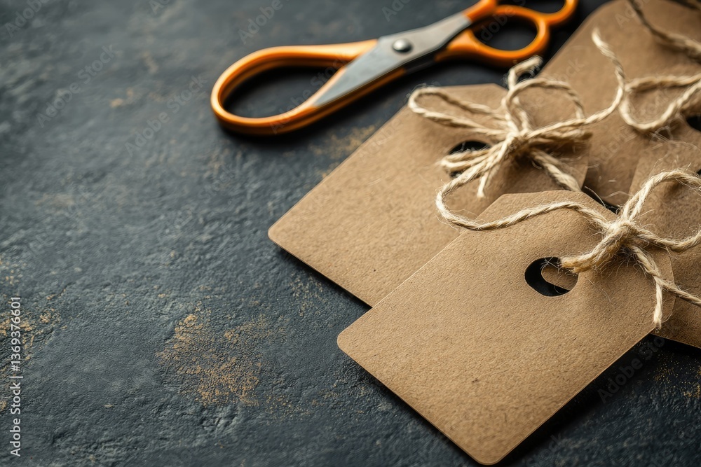 Poster high definition visual of tags with string and scissors