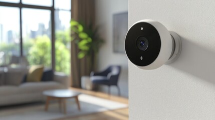 A smart home security camera mounted on a wall, monitoring the front door.
