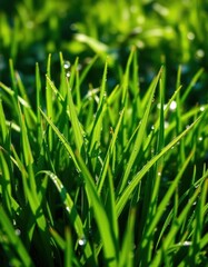 Obraz premium Emerald blades of grass, glistening with morning dew, leaf, moisture