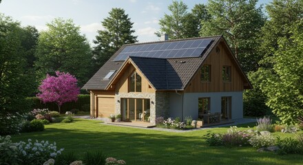 Solar panel power station home with solar panels on the house roof and clean energy