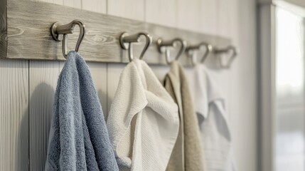 A bathroom door hook with hanging towels and robes.