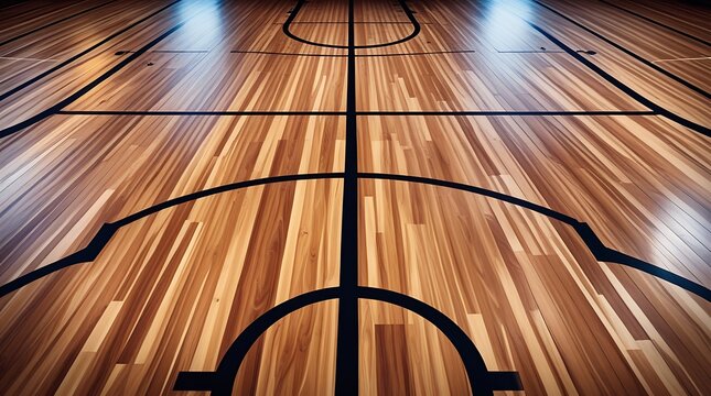 Shiny polished hardwood basketball court with bold black game markings captured from above, showcasing the clean symmetry and smooth reflective texture of the gymnasium floor

