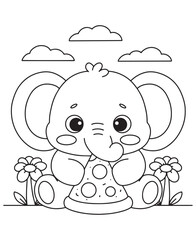 Coloring book elephant eating a slice of pizza, sitting between flowers under a cloudy sky