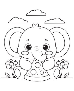 Naklejki Coloring book elephant eating a slice of pizza, sitting between flowers under a cloudy sky