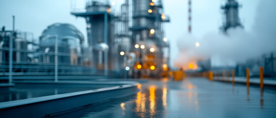 A foggy industrial scene featuring towering refineries with steam, illuminated by orange lights reflecting on a wet surface.