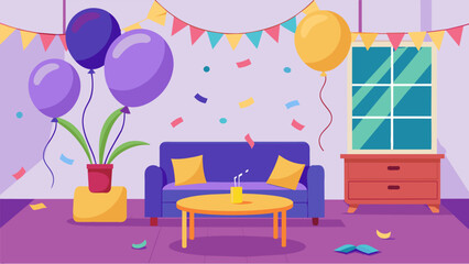 Balloons streamers and confetti decorating a living room for a surprise welcome home party.. Vector illustration