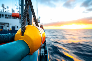 A close-up view of a colorful buoy on a ship, with a serene ocean and vibrant sunset in the background.