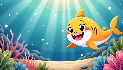 Obraz premium Cartoon yellow shark swimming in ocean with coral reef