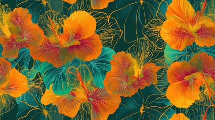 Vibrant floral pattern on dark teal background