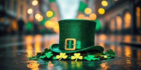 A glittering green leprechaun hat with golden buckle surrounded by shamrocks on a wet street at night, celebrating Saint Patrick's Day in an urban setting with bokeh lights

