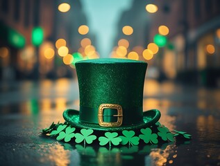 A glittering green leprechaun hat with golden buckle surrounded by shamrocks on a wet street at night, celebrating Saint Patrick's Day in an urban setting with bokeh lights

