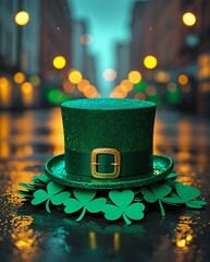 A glittering green leprechaun hat with golden buckle surrounded by shamrocks on a wet street at night, celebrating Saint Patrick's Day in an urban setting with bokeh lights

