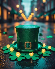 A glittering green leprechaun hat with golden buckle surrounded by shamrocks on a wet street at night, celebrating Saint Patrick's Day in an urban setting with bokeh lights

