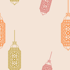 Editable Outline Style Hanging Arab Lamps Vector Illustration With Various Colors as Seamless Pattern for Creating Background of Islamic Occasional Theme Such as Ramadan and Eid or Arab Culture