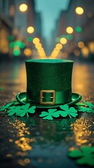 A glittering green leprechaun hat with golden buckle surrounded by shamrocks on a wet street at night, celebrating Saint Patrick's Day in an urban setting with bokeh lights

