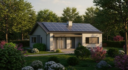 Solar panel power station home with solar panels on the house roof and clean energy