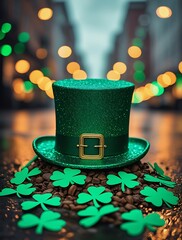 A glittering green leprechaun hat with golden buckle surrounded by shamrocks on a wet street at night, celebrating Saint Patrick's Day in an urban setting with bokeh lights


