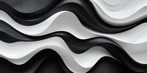 Minimalist abstract black and white 3D wave pattern with fluid curves and glossy texture, creating a dynamic visual flow perfect for modern design and artistic backgrounds.

