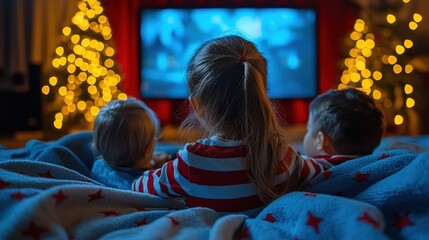Cozy Family Cuddling on Comfortable Sofa Watching Holiday Movie Together in Festively Decorated Living Room on Winter Evening