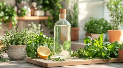 Fresh Herbs and Lemon with Olive Oil in Bright Kitchen Setting