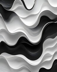 Minimalist abstract black and white 3D wave pattern with fluid curves and glossy texture, creating a dynamic visual flow perfect for modern design and artistic backgrounds.

