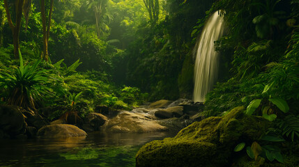 Tropical rainforest waterfall landscape scenic nature photography background wallpaper hd image