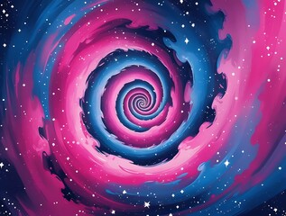 Vibrant abstract illustration of a colorful spiral vortex in deep space, featuring bright pink and blue swirls surrounded by stars, creating a dynamic cosmic tunnel effect.

