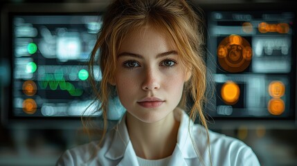 Closeup portrait of a serious young professional woman with blonde hair