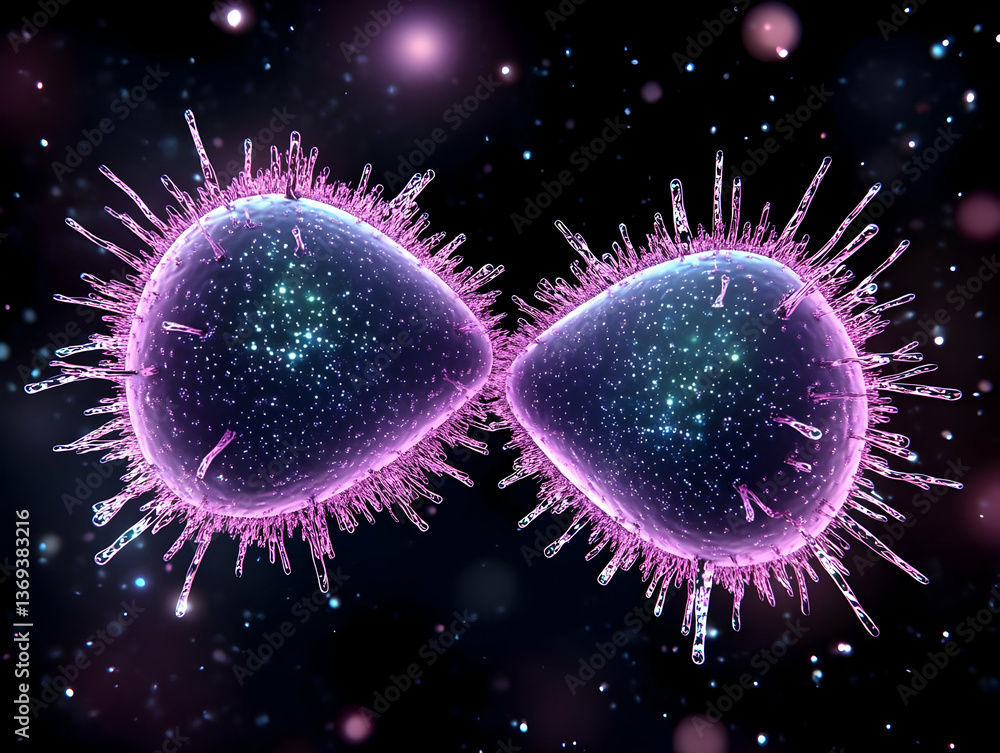 Poster 3d render of two microscopic organisms exhibiting intricate spiked structures in a dark, cosmic back