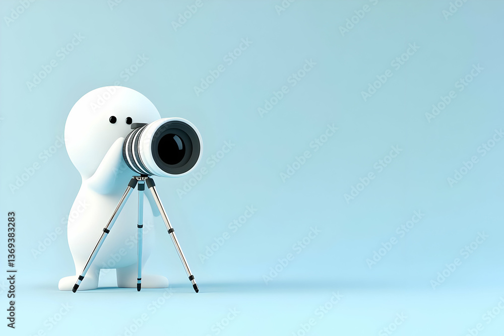 Poster 3d render of a simple white figure using a tripod-mounted camera on a light blue background