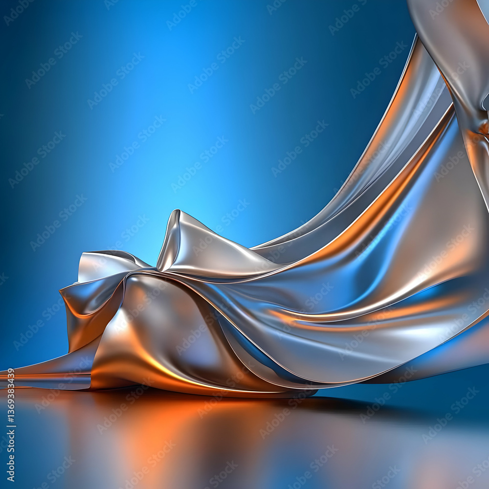 Aufkleber abstract 3d render of flowing metallic fabric draped elegantly against a blue background, creating a