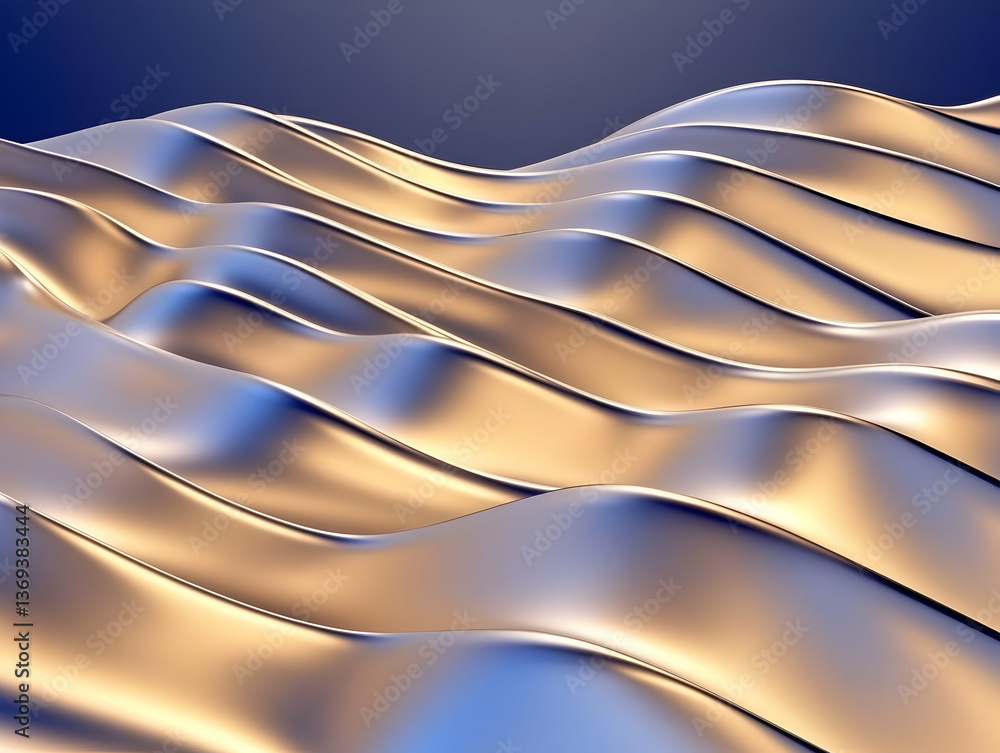 Poster abstract 3d render of gold and blue waves flowing seamlessly, creating a luxurious and elegant backg