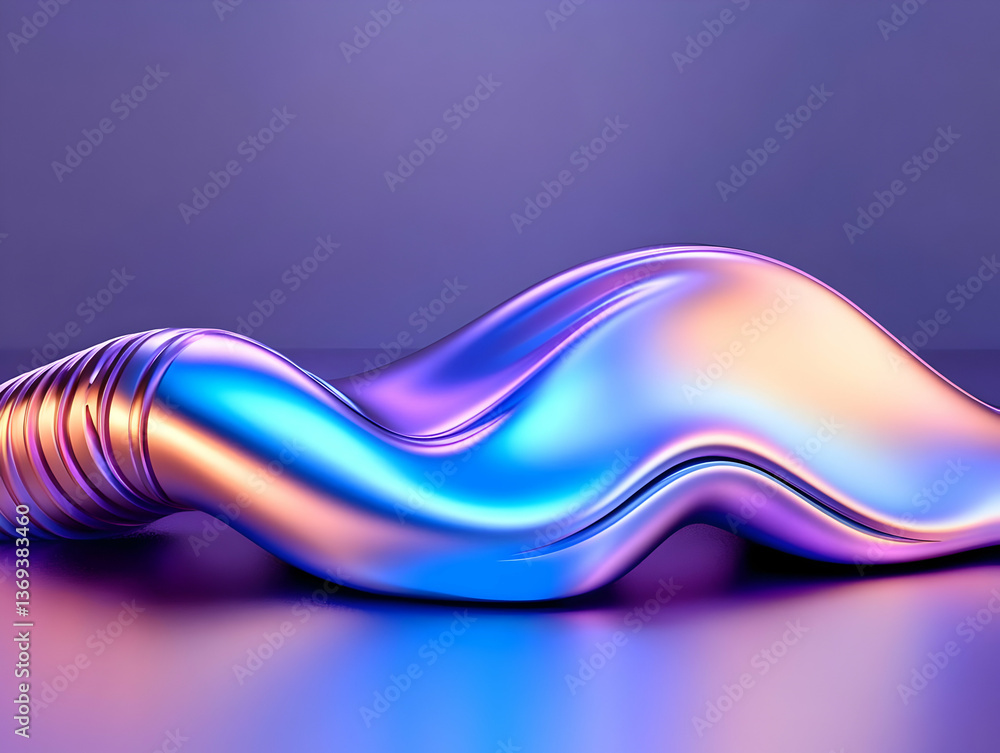 Poster abstract 3d render of iridescent liquid metal forms flowing dynamically on purple background