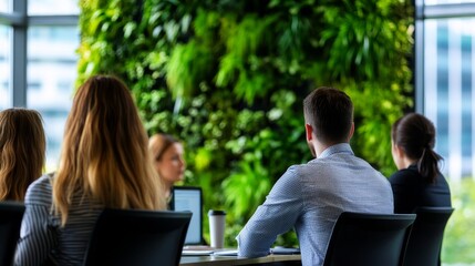 Group of professionals engaged in a meeting with a lush green wall in the background