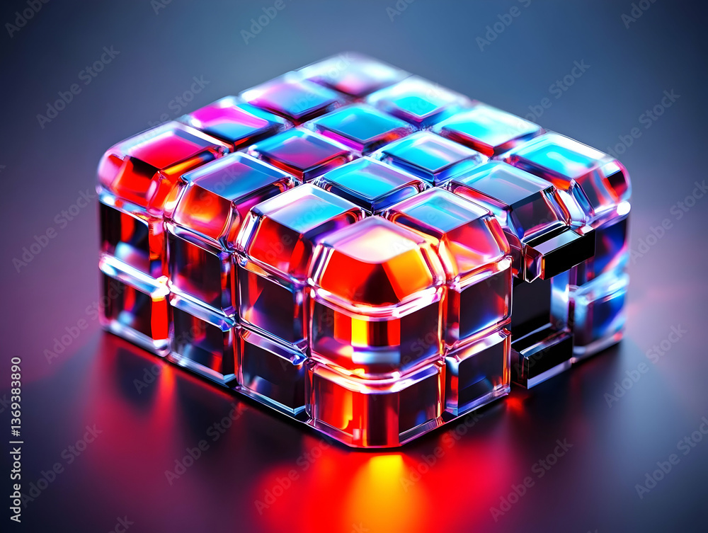Poster 3d render of a glass cube illuminated with vibrant red and blue neon lights, creating an abstract ba