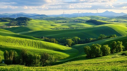Lush Green Hills with Wind Turbines Under a Bright Blue Sky