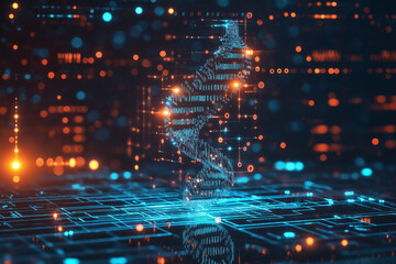 Obraz premium Futuristic digital DNA helix emerging from microchip, surrounded by binary code and glowing circuits, symbolizing biotechnology and genetic engineering advancements