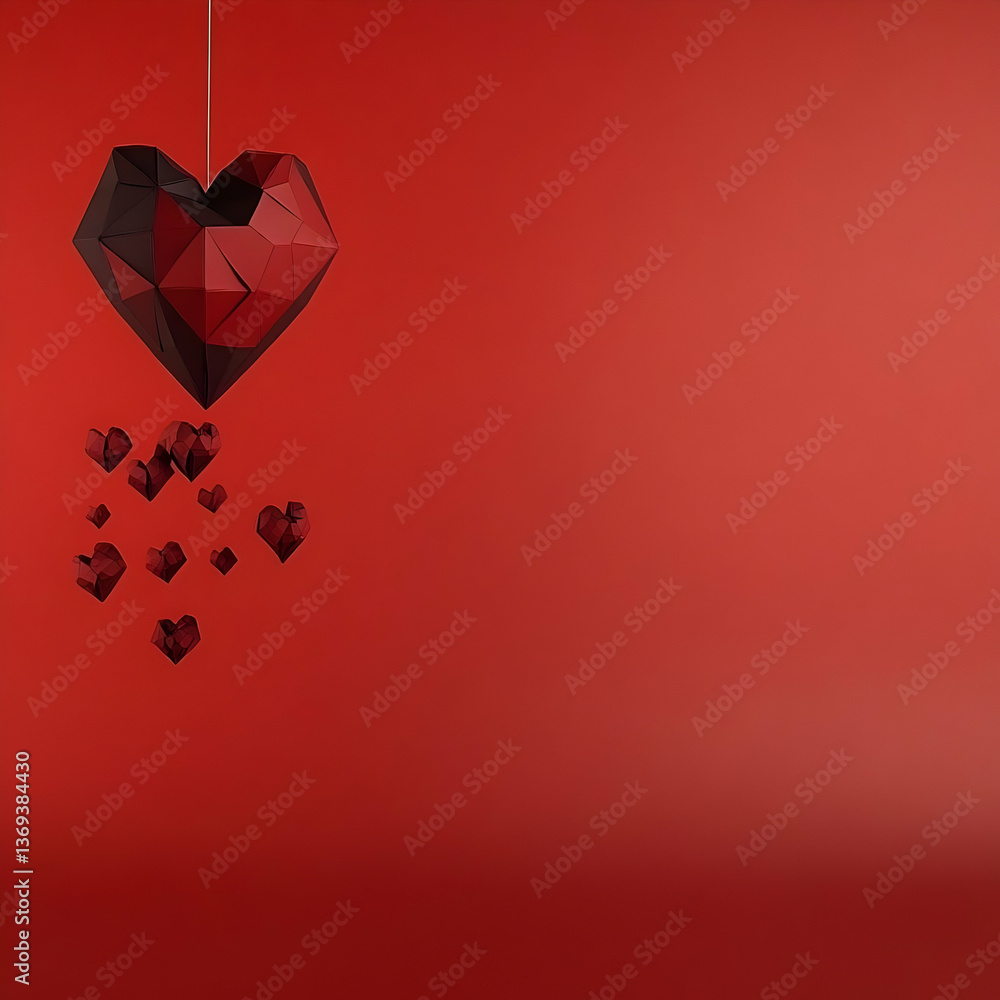 Poster 3d render of a red polygonal heart hanging and dropping smaller hearts on red background