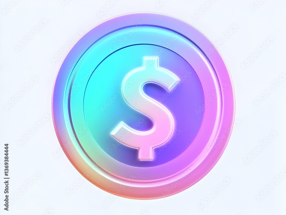 Poster 3d render of a pastel-colored dollar coin icon with a gradient background