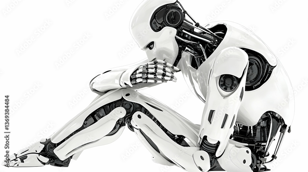 Poster 3d render of a white robot sitting in contemplation, showing intricate mechanical details against a 