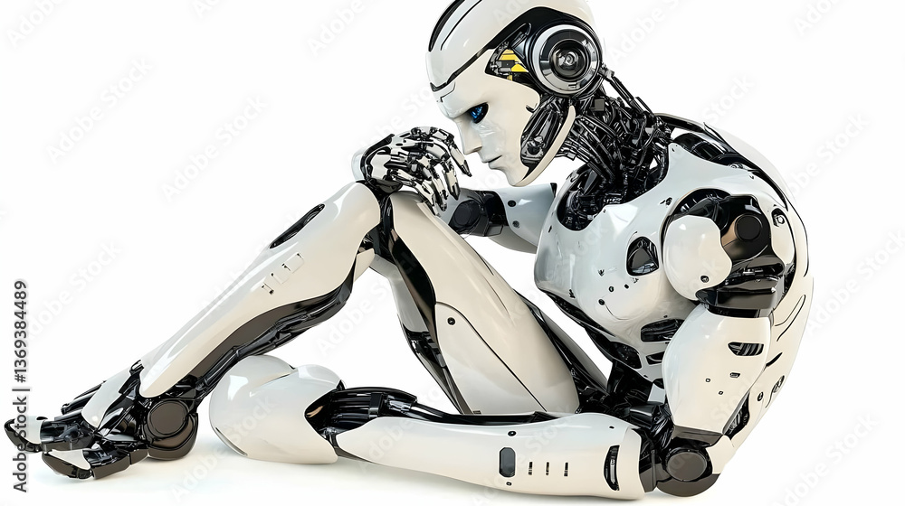 Aufkleber 3d render of a contemplative humanoid robot sitting, exuding a sense of artificial intelligence and 