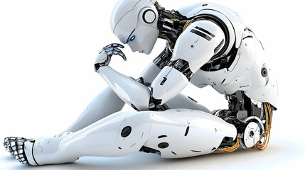 3D Render of a White Robot Contemplating, Sitting on a White Background