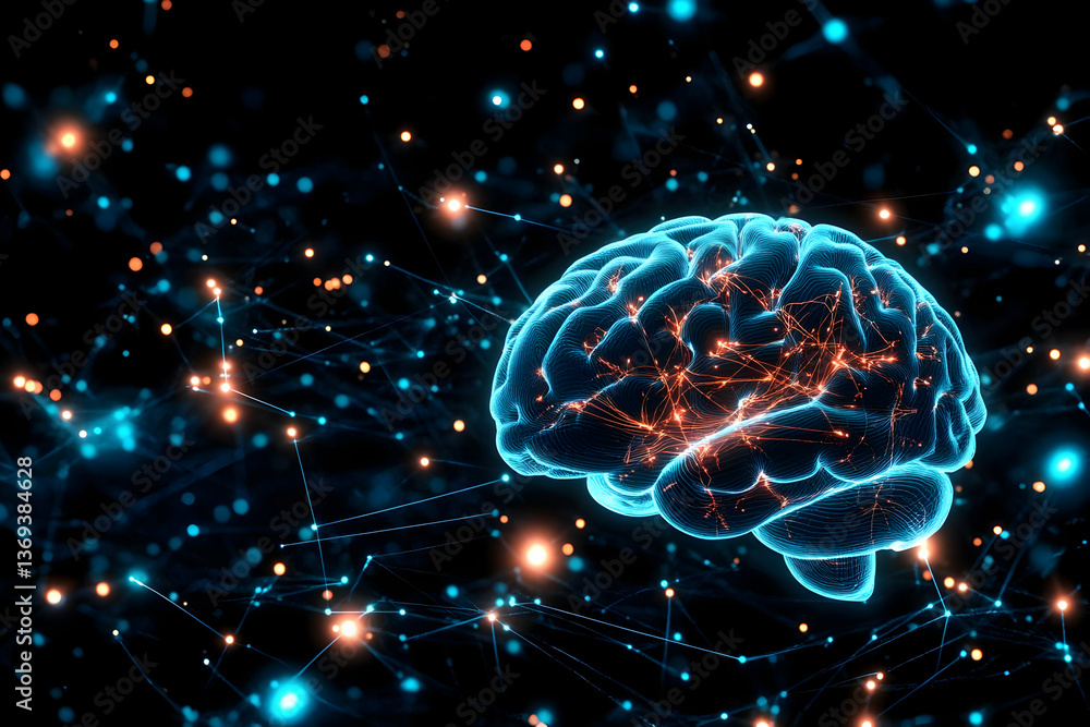 Poster 3d digital brain illustration with neural network connections, abstract background showcasing cognit