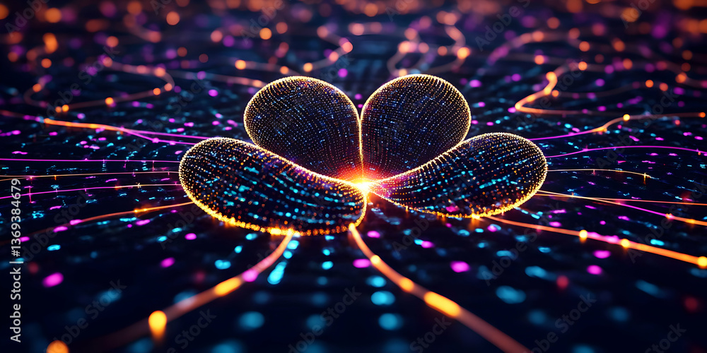 Poster abstract 3d render: glowing particle flower blooms on neon network background