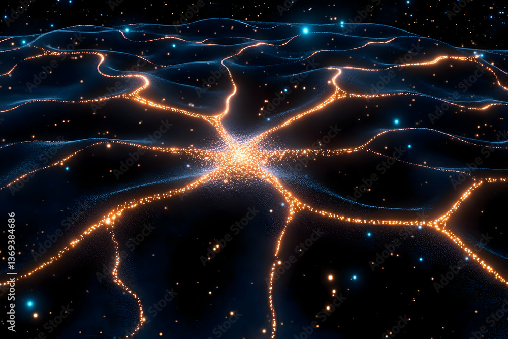 Poster abstract 3d render of a glowing neural network, dynamic energy flows across a dark, wavy surface, il