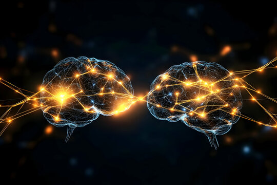 Abstract 3D Illustration of Two Brains Connected by Glowing Neural Pathways, Representing Networked Intelligence and Cognitive Processes