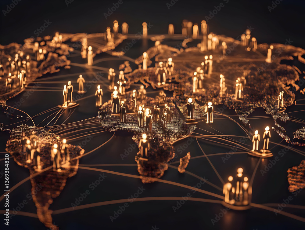Poster illuminated 3d global network: abstract figures interconnect across a luminous world map, representi