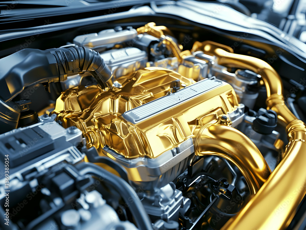 Poster 3d render of a gold-accented car engine, detailed close-up showing intricate mechanical components a