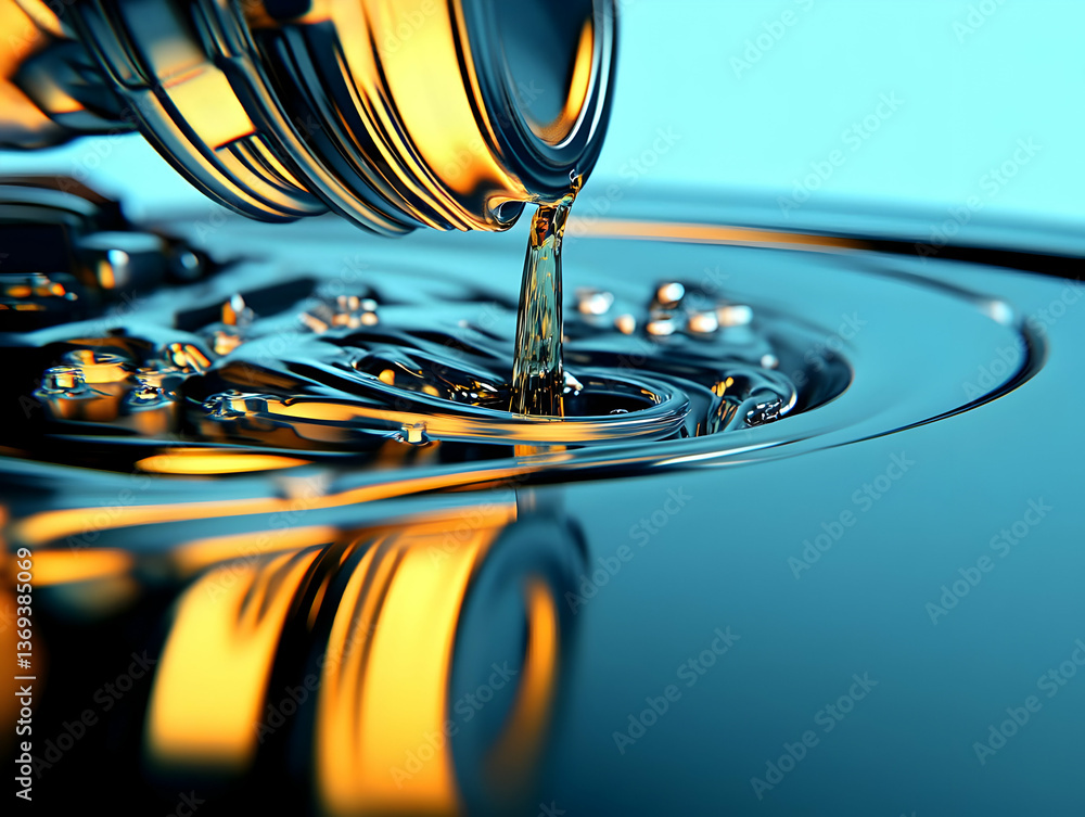Poster 3d render of liquid pouring into a pool, creating abstract swirls with golden hues and teal backgrou